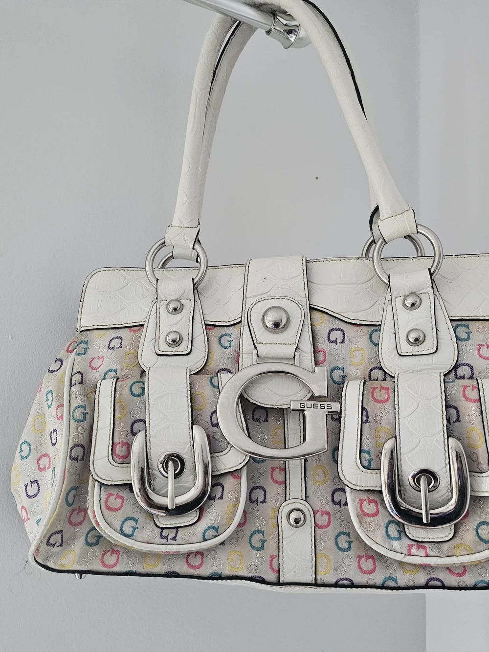 GUESS White Multicolor G-Print Satchel with Silver G Accent - Picture 6 of 8